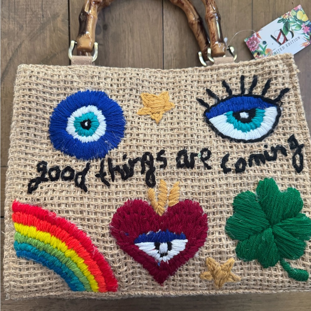 Embroidered Jute Tote Bag with Bamboo Handles